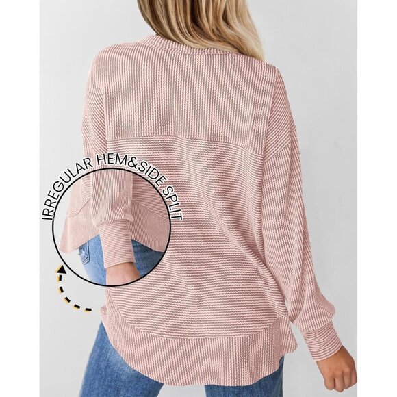 Women Long Sleeve Ribbed Henley Top Button V Neck Casual Tunic Size Large - Picture 2 of 5